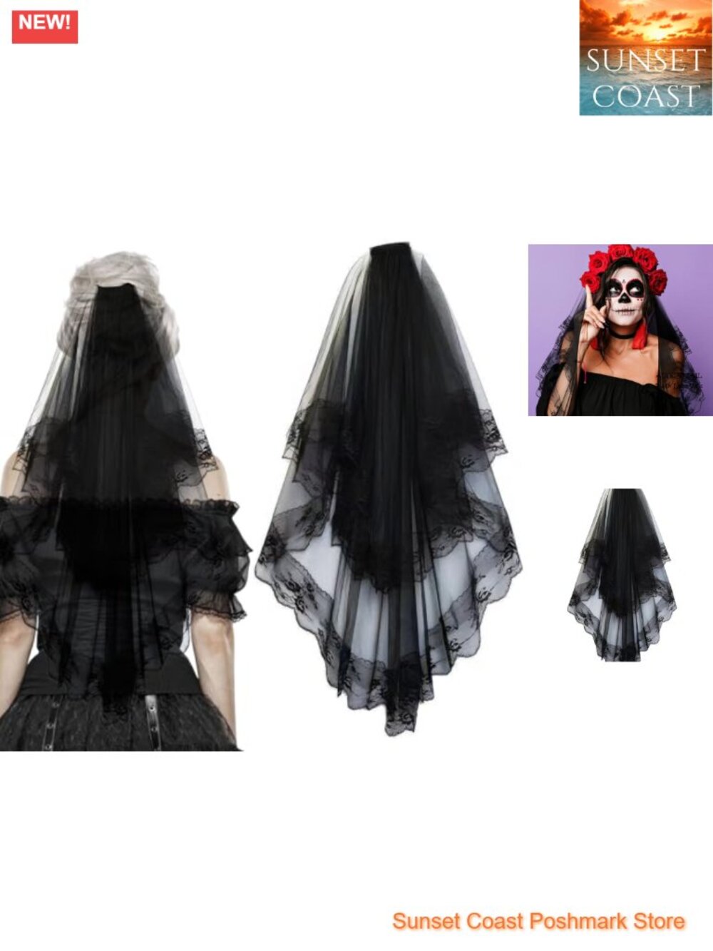 Gothic Rose Floral Lace Double Layer Mesh Veil with Comb for Wedding Cosplay
